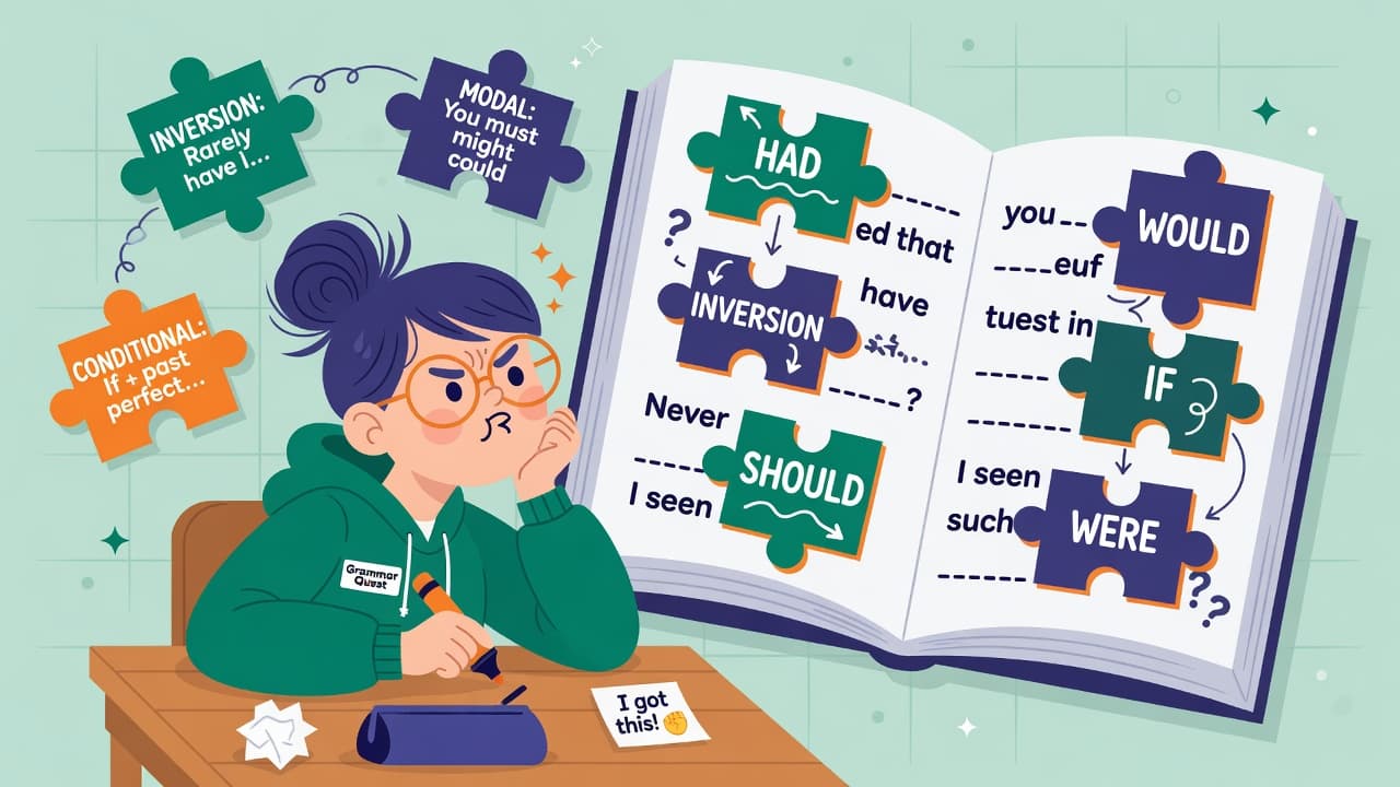 C2 Proficiency Part 2 Open Cloze: Grammar structures and linking words illustrated as a puzzle book
