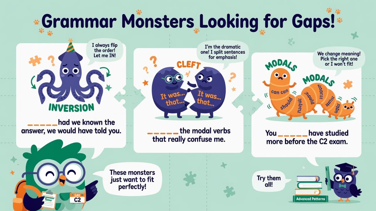 C2 Proficiency Open Cloze common grammar mistakes illustrated as grammar monsters