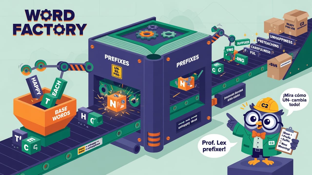 C2 Proficiency Part 3 Word Formation: Prefixes, suffixes and morphology shown as a word transformation factory