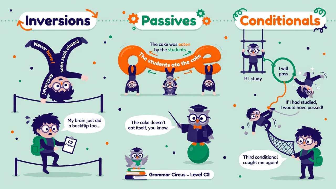 C2 advanced grammar structures (inversions, passives, conditionals) illustrated as a grammar circus