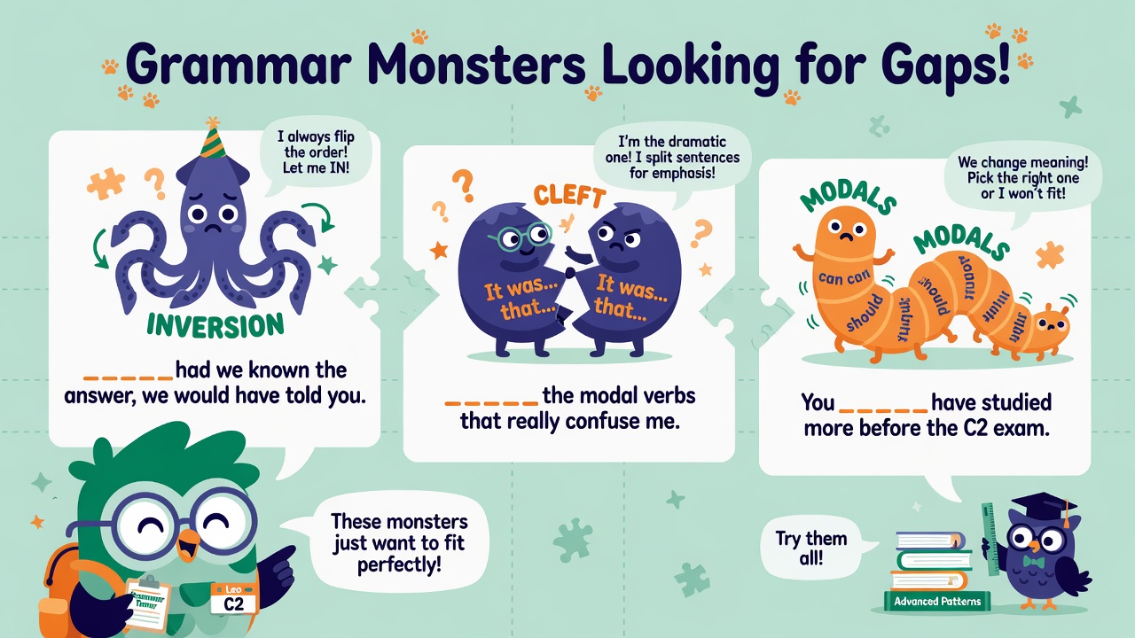 C2 Proficiency Open Cloze common grammar mistakes illustrated as grammar monsters