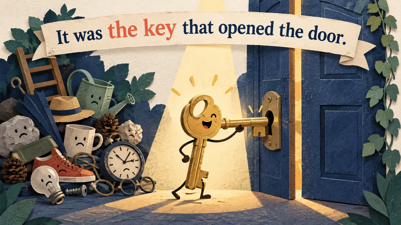 A key opens a door under a spotlight beneath “It was the key that opened the door.”