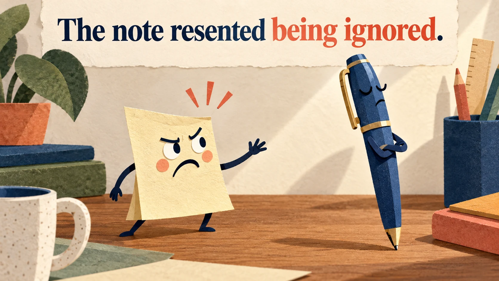 An offended paper note is ignored by a pen beneath “The note resented being ignored.”