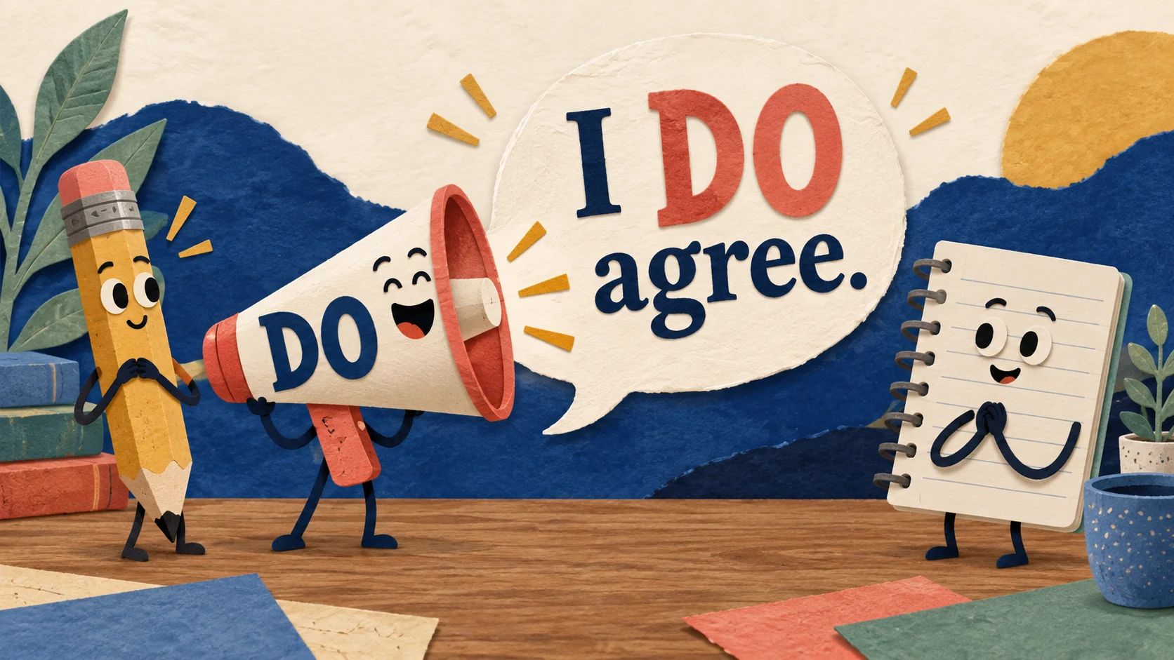 An animated DO megaphone amplifies “I DO agree.” between a pencil and a notebook.