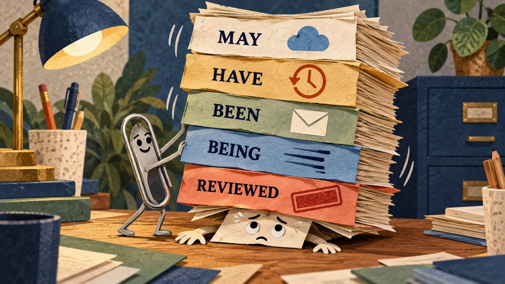 An animated paperclip braces a file beneath a tall stack labeled MAY, HAVE, BEEN, BEING and REVIEWED.