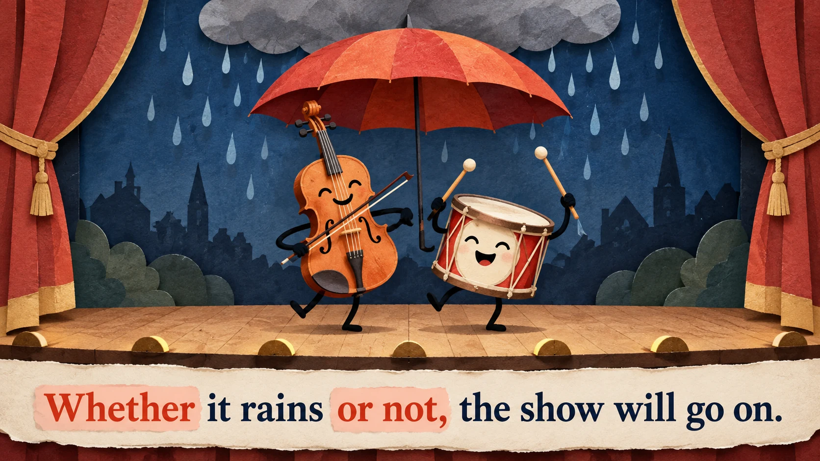 An animated violin and drum keep performing under a rainy umbrella beneath ‘Whether it rains or not, the show will go on.’