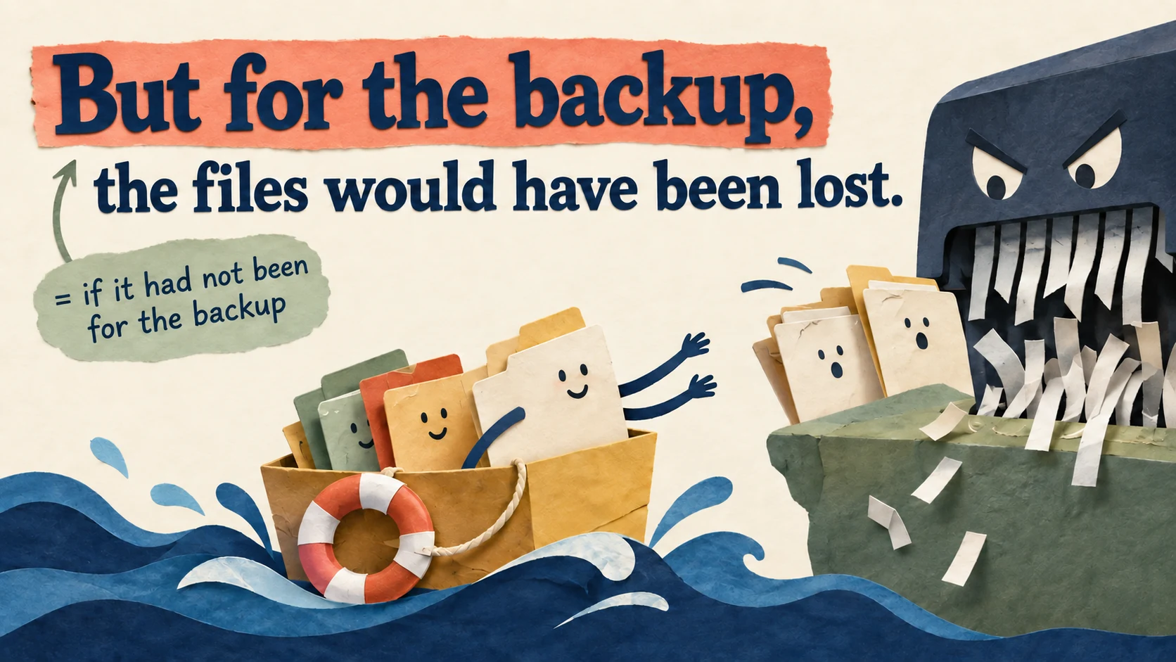 Paper files escape a snarling shredder in a lifeboat beneath “But for the backup, the files would have been lost.”