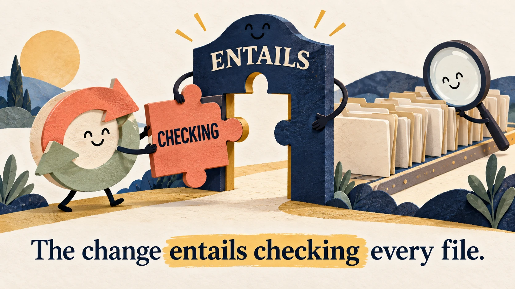 A CHECKING puzzle piece fits an ENTAILS gate, with files awaiting inspection beneath ‘The change entails checking every file.’
