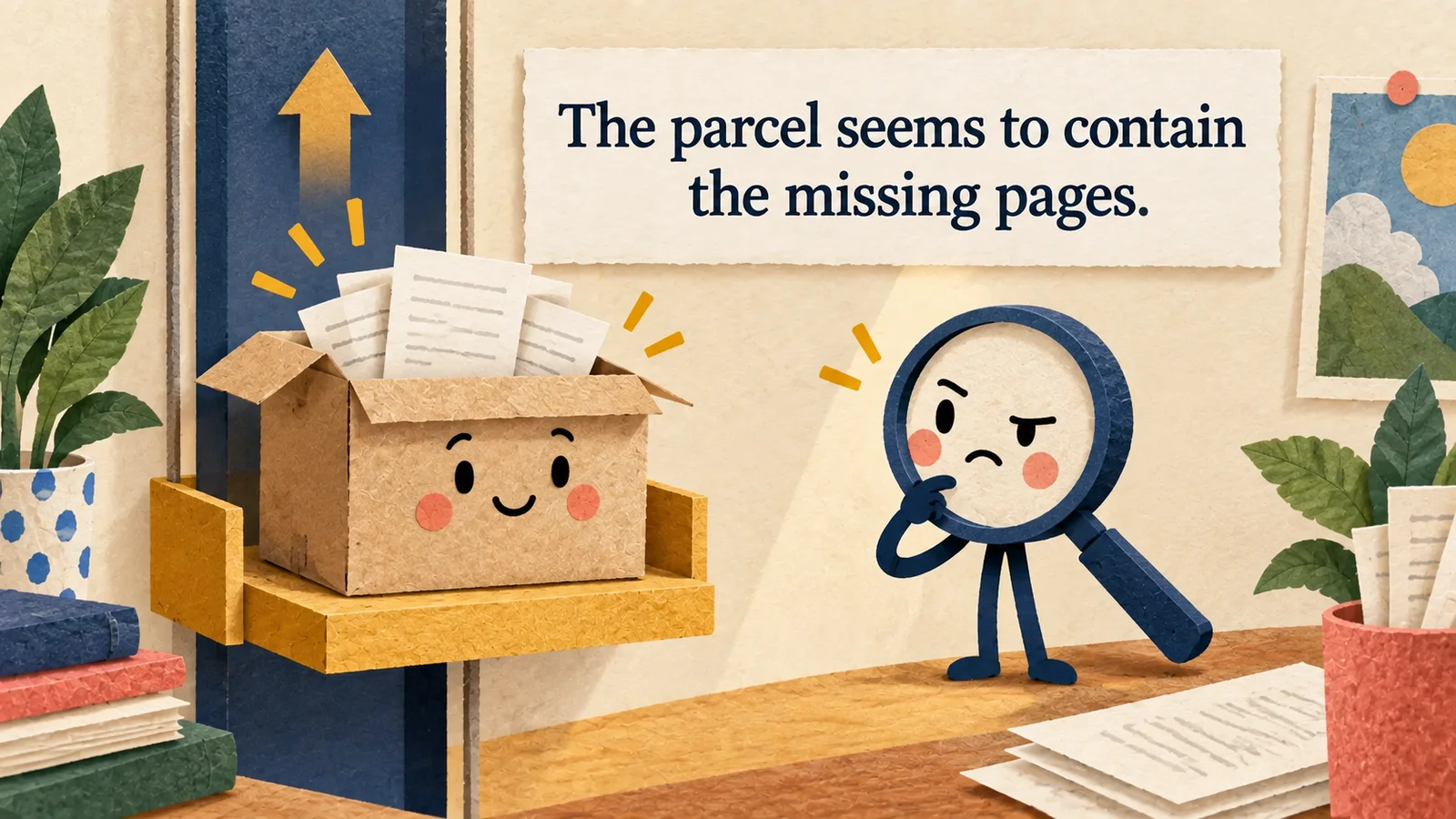 A paper parcel is lifted into a spotlight as missing pages peek out, beneath ‘The parcel seems to contain the missing pages.’