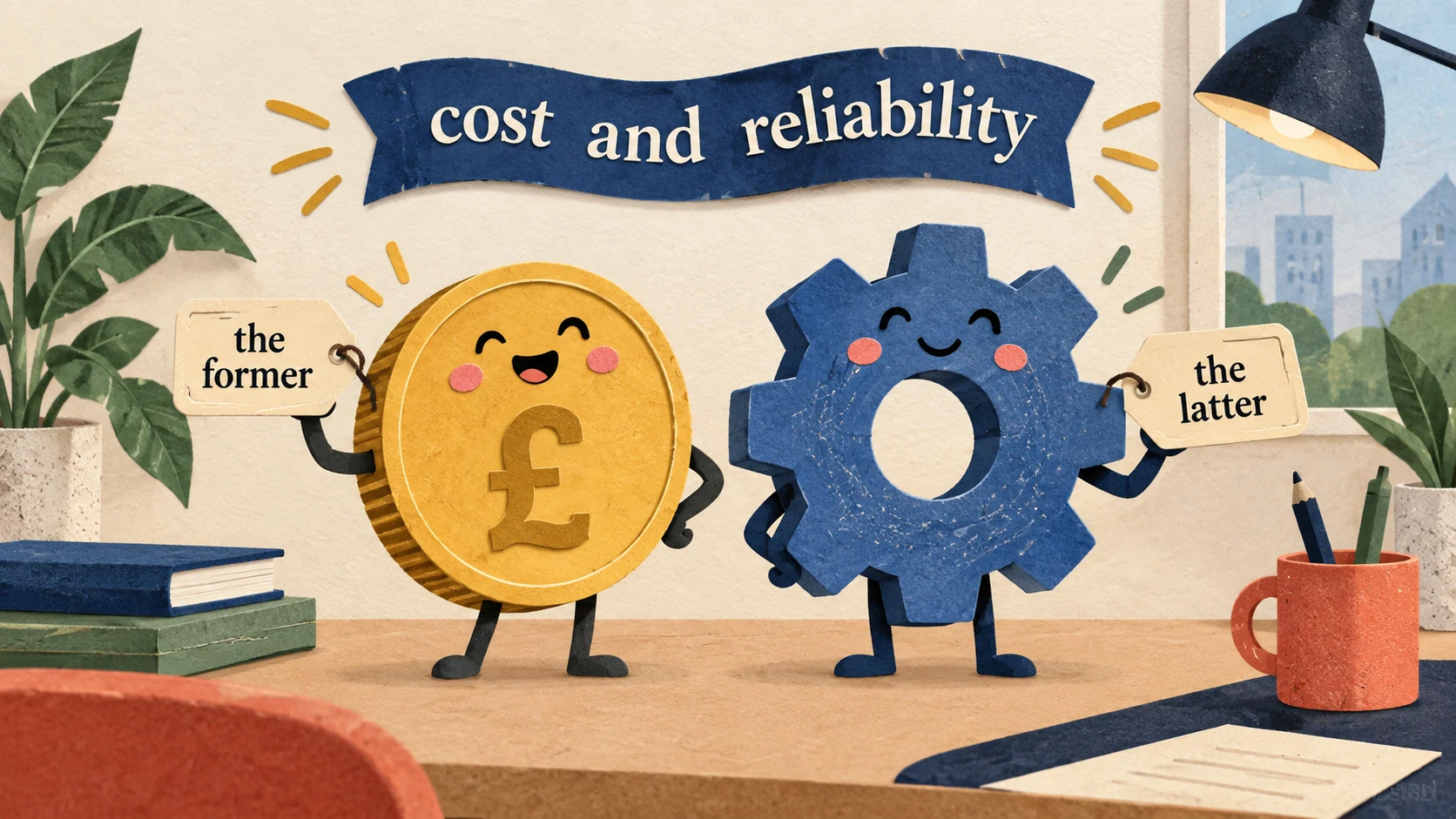 A coin for cost holds the former tag and a gear for reliability holds the latter tag.