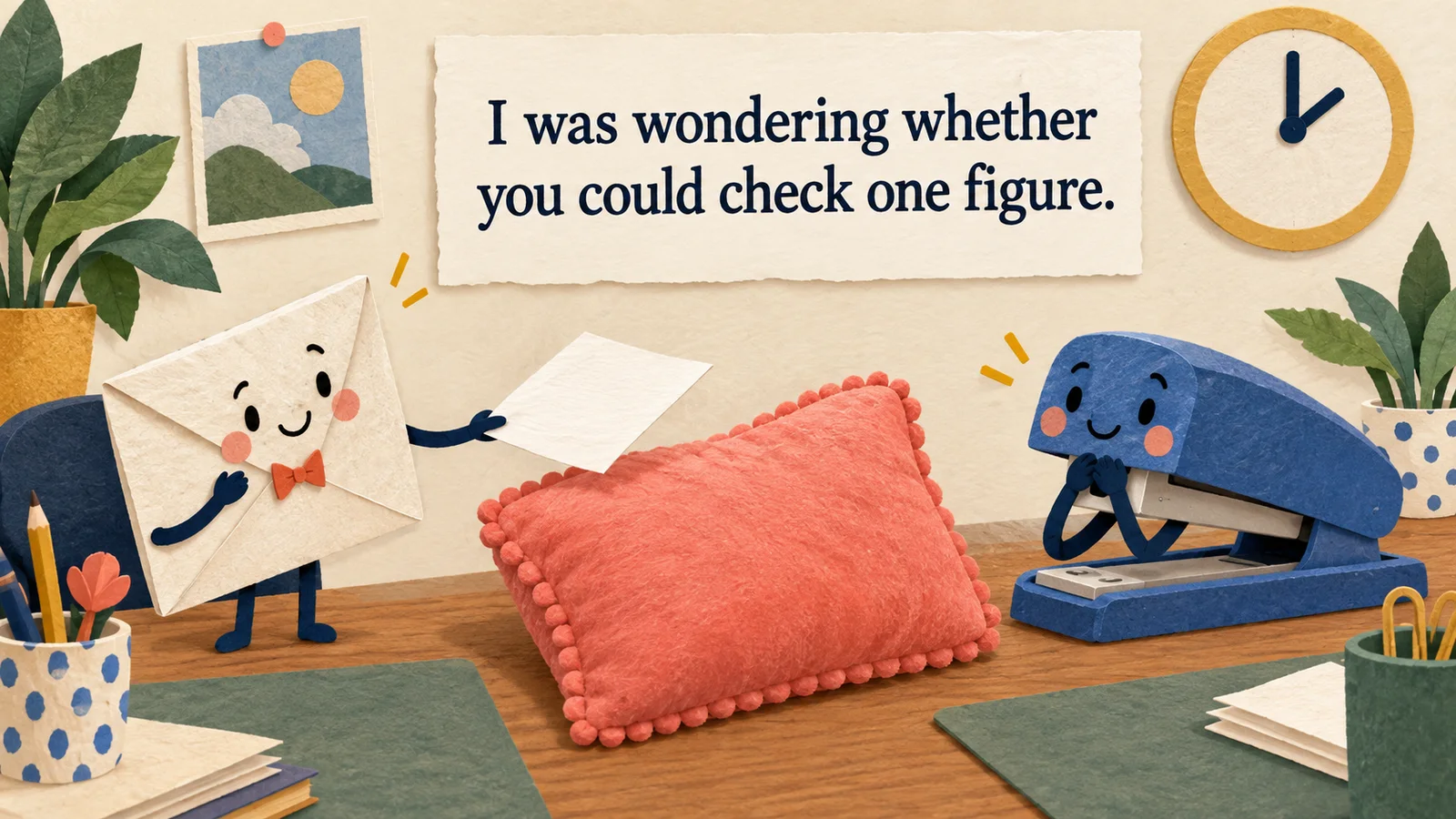 A paper envelope puppet gently offers a sheet to a stapler toy across a large cushion beneath the phrase ‘I was wondering whether you could check one figure.’