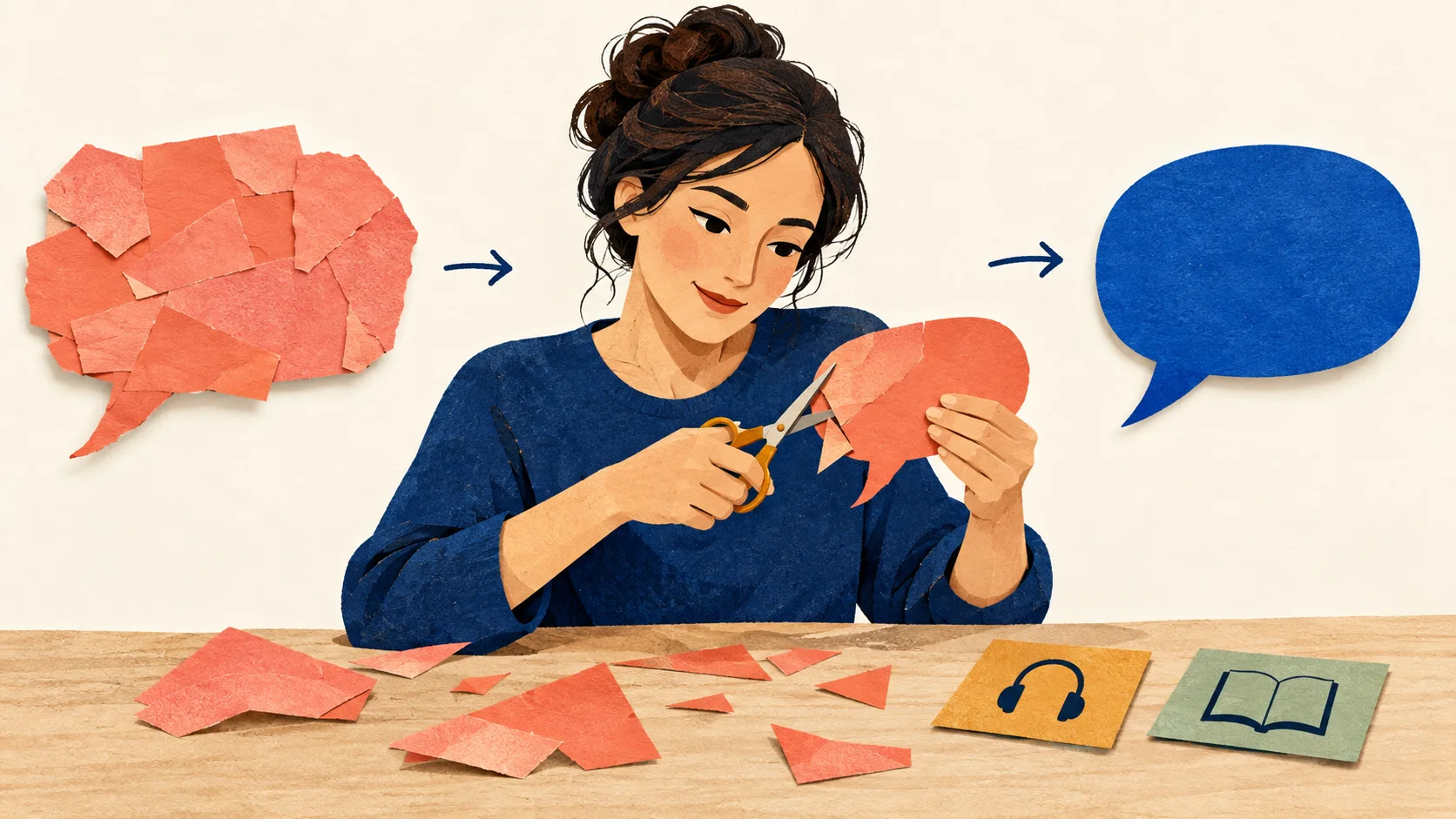 An editor trims a loosely assembled coral speech bubble into a precise cobalt speech bubble, illustrating careful language refinement.